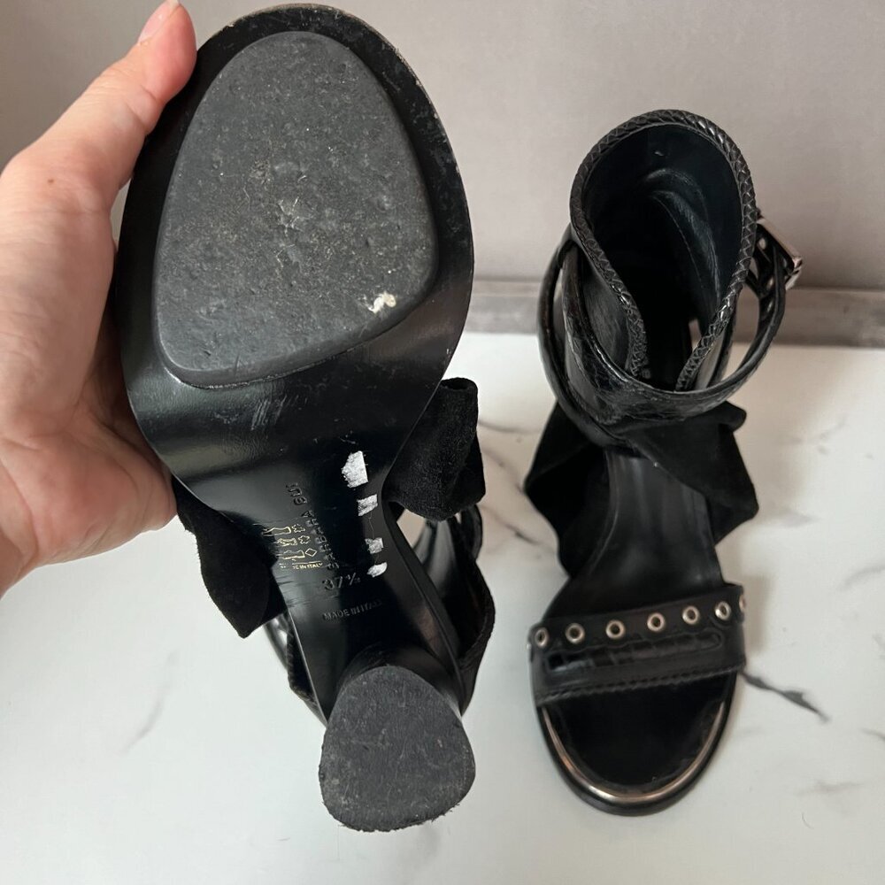 Barbara Bui Black Leather Grommet Buckle Gladiator Heels Size 37.5 - Picture 9 of 10